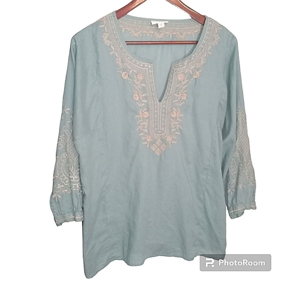 J. Jill Light Teal and Gold Embroidery Boho Minimalist Cotton Top Size M